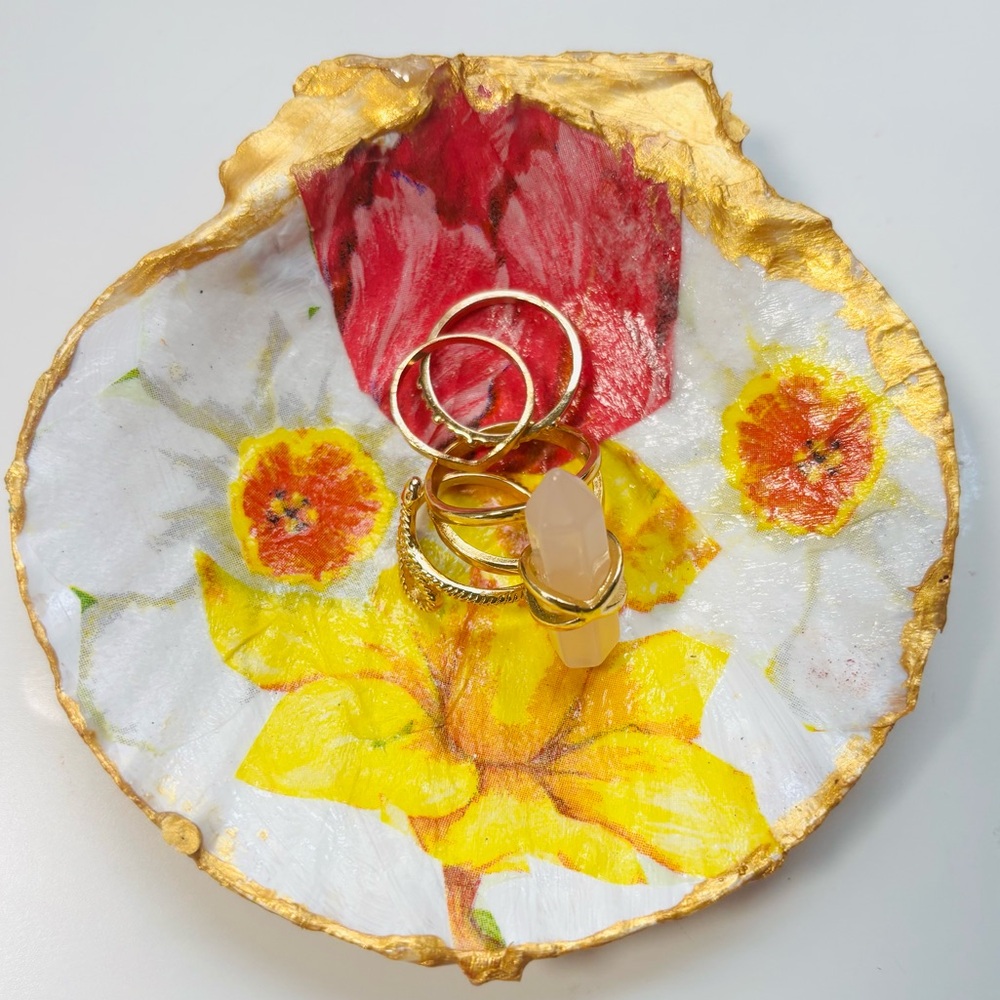 Handcrafted Scallop Shell Trinket Dish W/Daffodil and Tulip Decoupage Design